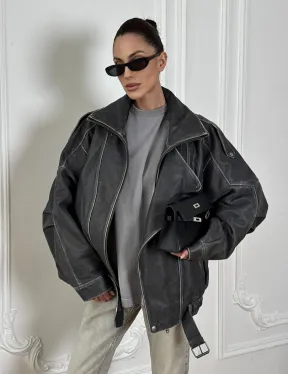 Кожаный женский бомбер Vintage grey с двойным воротником и затертыми швами