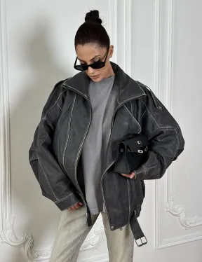 Кожаный женский бомбер Vintage grey с двойным воротником и затертыми швами