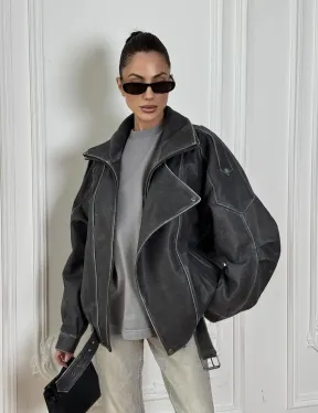 Кожаный женский бомбер Vintage grey с двойным воротником и затертыми швами