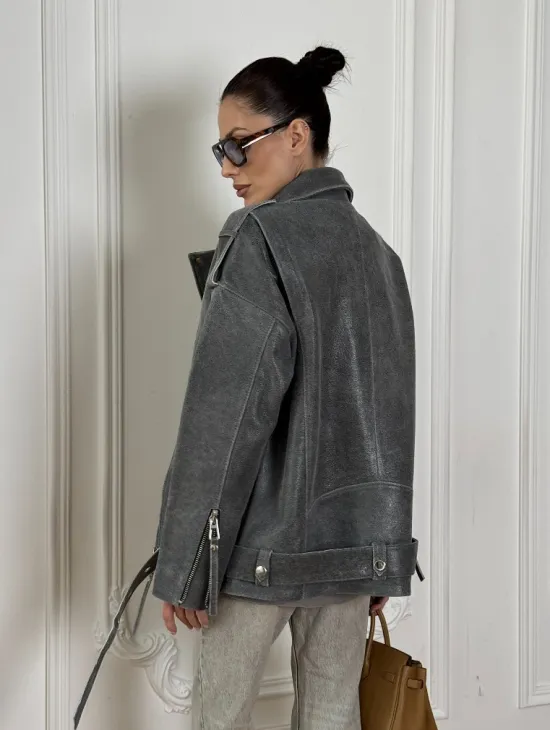 Винтажная кожаная косуха оверсайз - серый графит