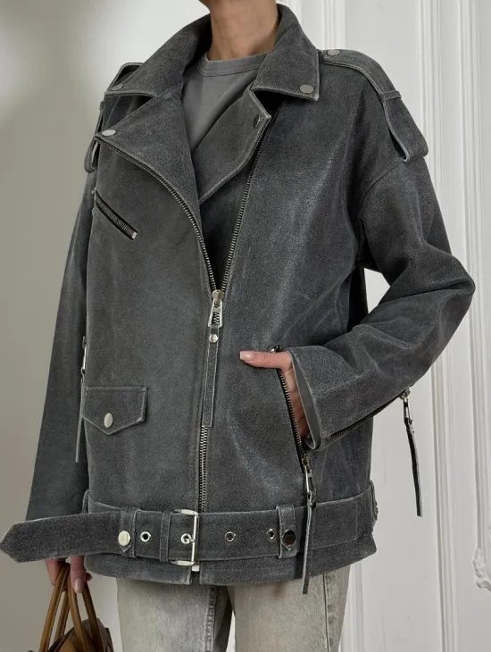 Винтажная кожаная косуха оверсайз - серый графит