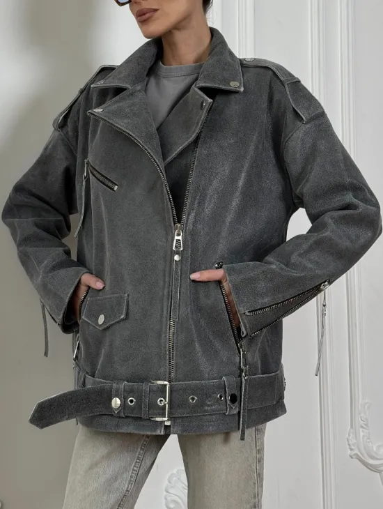 Винтажная кожаная косуха оверсайз - серый графит