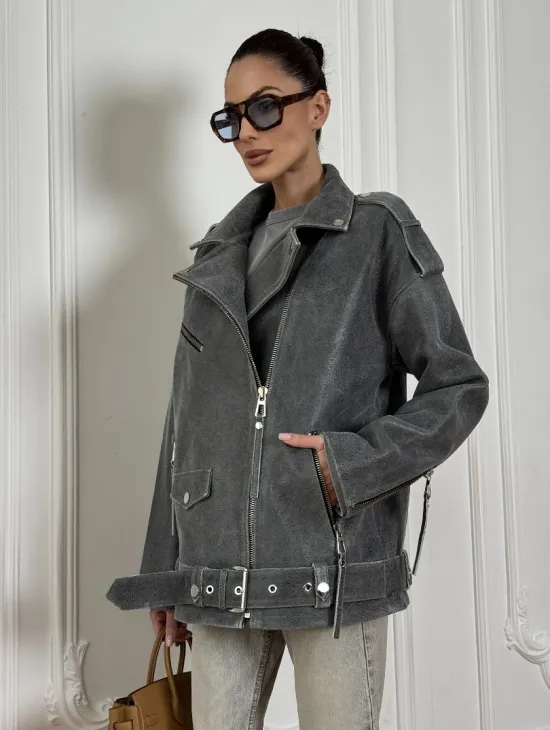 Винтажная кожаная косуха оверсайз - серый графит