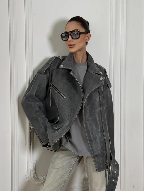 Винтажная кожаная косуха оверсайз - серый графит