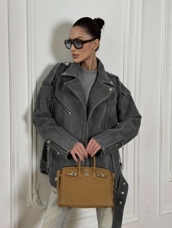 Винтажная кожаная косуха оверсайз - серый графит