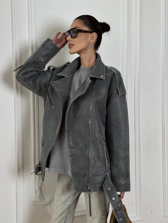 Винтажная кожаная косуха оверсайз - серый графит