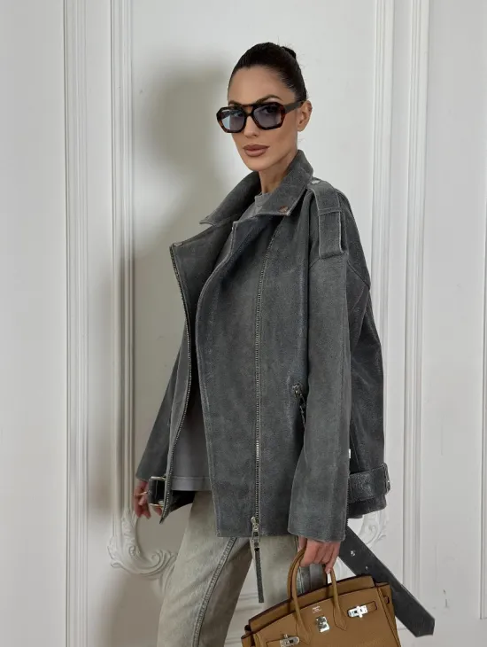 Винтажная кожаная косуха оверсайз - серый графит