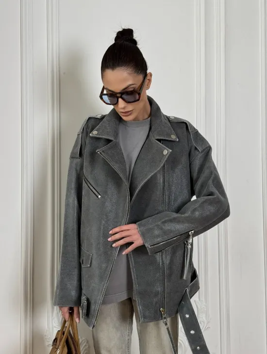 Винтажная кожаная косуха оверсайз - серый графит