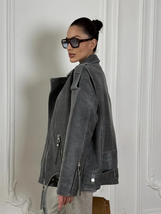 Винтажная кожаная косуха оверсайз - серый графит