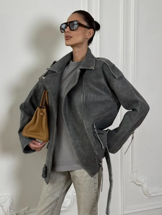 Винтажная кожаная косуха оверсайз - серый графит