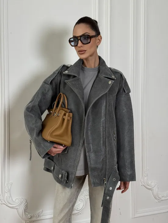 Винтажная кожаная косуха оверсайз - серый графит