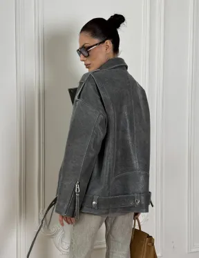 Винтажная кожаная косуха оверсайз - серый графит