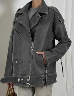 Винтажная кожаная косуха оверсайз - серый графит