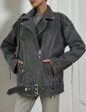 Винтажная кожаная косуха оверсайз - серый графит