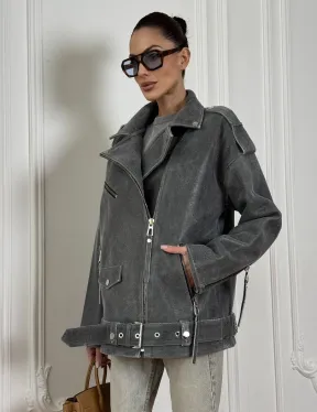 Винтажная кожаная косуха оверсайз - серый графит