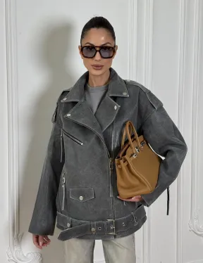 Винтажная кожаная косуха оверсайз - серый графит