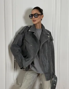 Винтажная кожаная косуха оверсайз - серый графит