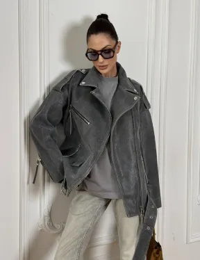 Винтажная кожаная косуха оверсайз - серый графит