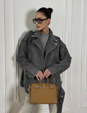 Винтажная кожаная косуха оверсайз - серый графит