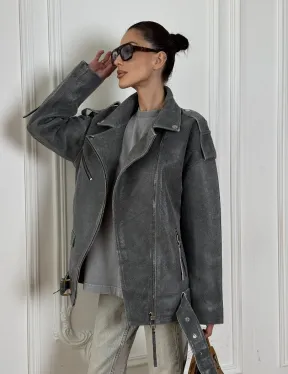 Винтажная кожаная косуха оверсайз - серый графит