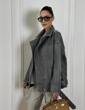 Винтажная кожаная косуха оверсайз - серый графит