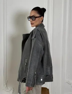 Винтажная кожаная косуха оверсайз - серый графит