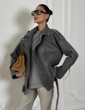 Винтажная кожаная косуха оверсайз - серый графит