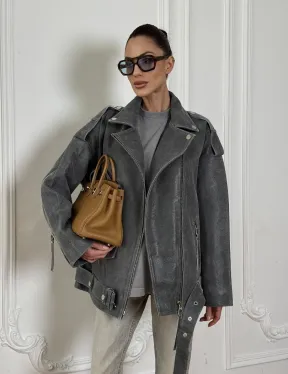 Винтажная кожаная косуха оверсайз - серый графит