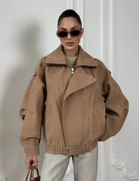 Женский замшевый бомбер из натуральной кожи «Creamy»  с двойным воротником - оверсайз