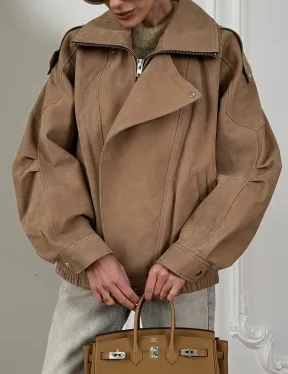 Женский замшевый бомбер из натуральной кожи «Creamy»  с двойным воротником - оверсайз