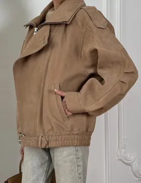 Женский замшевый бомбер из натуральной кожи «Creamy»  с двойным воротником - оверсайз