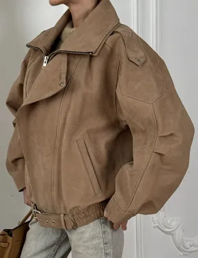 Женский замшевый бомбер из натуральной кожи «Creamy»  с двойным воротником - оверсайз