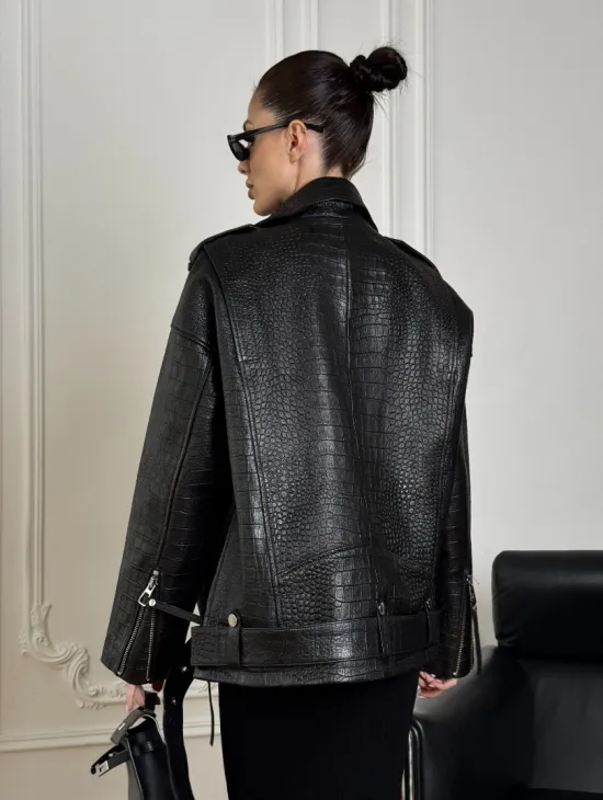 Total black удлиненная женская косуха из натуральной кожи CROCO с косой застежкой-молнией