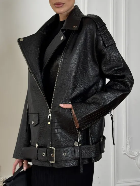 Total black удлиненная женская косуха из натуральной кожи CROCO с косой застежкой-молнией