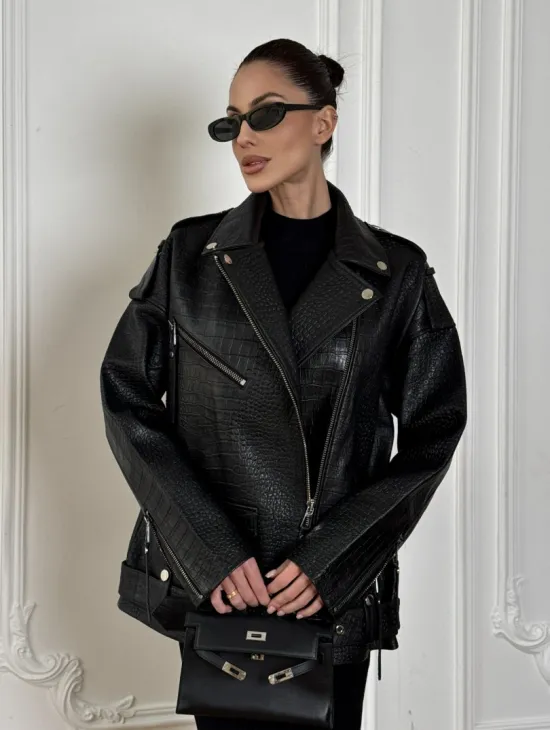 Total black удлиненная женская косуха из натуральной кожи CROCO с косой застежкой-молнией