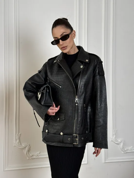 Total black удлиненная женская косуха из натуральной кожи CROCO с косой застежкой-молнией