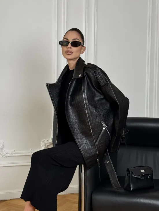 Total black удлиненная женская косуха из натуральной кожи CROCO с косой застежкой-молнией