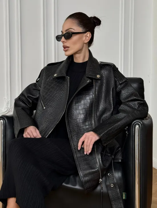 Total black удлиненная женская косуха из натуральной кожи CROCO с косой застежкой-молнией