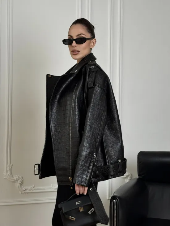 Total black удлиненная женская косуха из натуральной кожи CROCO с косой застежкой-молнией