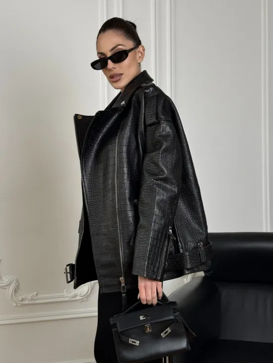 Total black удлиненная женская косуха из натуральной кожи CROCO с косой застежкой-молнией