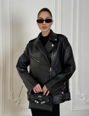 Total black удлиненная женская косуха из натуральной кожи CROCO с косой застежкой-молнией