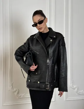 Total black удлиненная женская косуха из натуральной кожи CROCO с косой застежкой-молнией