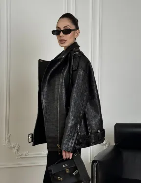 Total black удлиненная женская косуха из натуральной кожи CROCO с косой застежкой-молнией