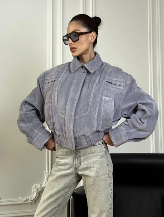 Бомбер - куртка весенняя оверсайз из натуральной кожи (замши) Grey blue