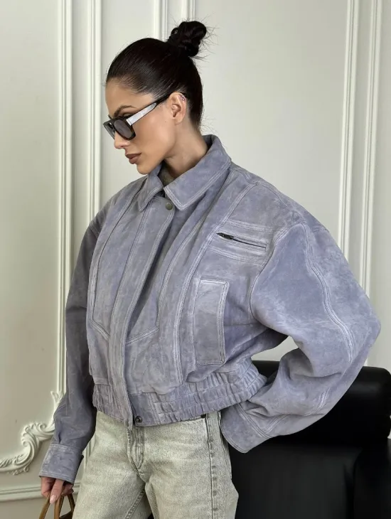 Бомбер - куртка весенняя оверсайз из натуральной кожи (замши) Grey blue