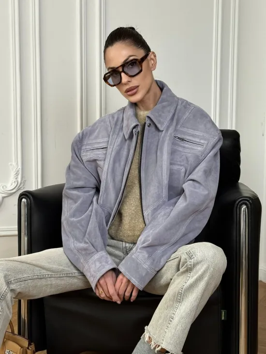 Бомбер - куртка весенняя оверсайз из натуральной кожи (замши) Grey blue