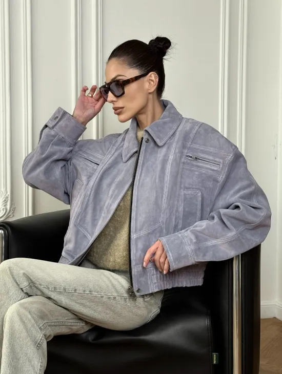 Бомбер - куртка весенняя оверсайз из натуральной кожи (замши) Grey blue