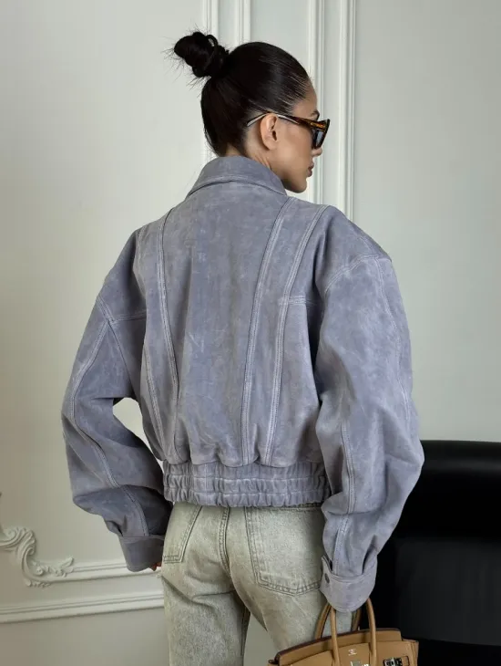Бомбер - куртка весенняя оверсайз из натуральной кожи (замши) Grey blue