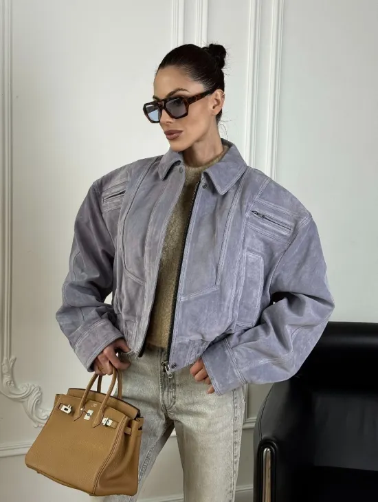 Бомбер - куртка весенняя оверсайз из натуральной кожи (замши) Grey blue