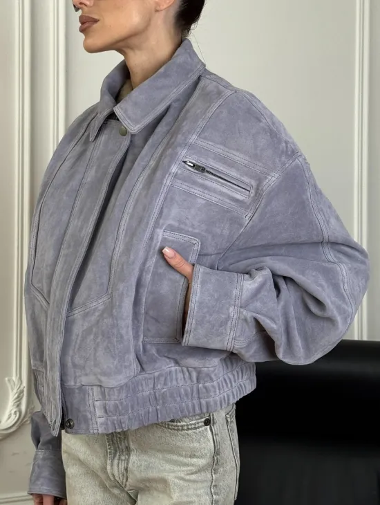 Бомбер - куртка весенняя оверсайз из натуральной кожи (замши) Grey blue